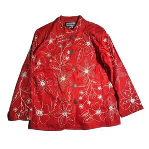 Vtg Y2K Indigo Moon Red White Floral Embroidered Mandarin Collar Jacket Sz S